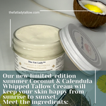 Organic Coconut and Calendula whipped tallow moisturizer in a jar, featuring a creamy texture and natural ingredients for skincare.