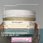 Organic coconut and calendula whipped tallow moisturizer by The Fat Lady, summer edition, showing a jar of creamy skincare product.