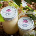 Photo with 2 products - Premium Grass-fed Beef Tallow Fat. Multiple sizes in reusable glass jars.