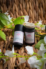 Photo with 2 products and roses in the background - Tallow Natural Deodorant with French Clay and Rosemary