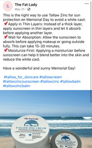Tallow Mineral Sun Cream with Zinc for Delicate Skin- Unscented and Water-resistant