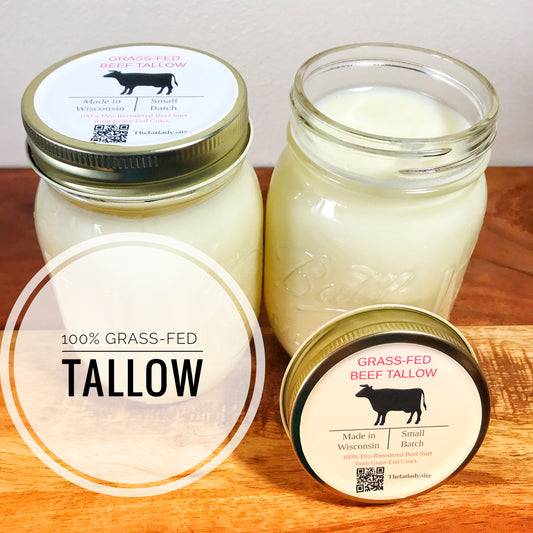 Premium Grass-fed Beef Tallow Fat. Multiple sizes in reusable glass jars.