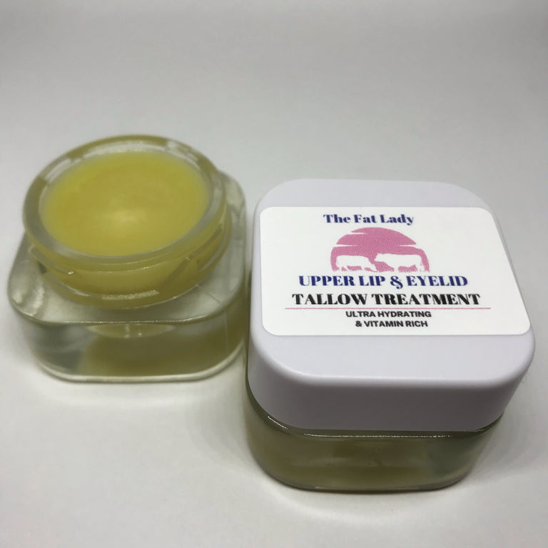 Upper lip and eyelid tallow skincare treatment from The Fat Lady, natural and vitamin-rich for facial skin care.