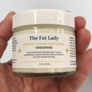Cooling Tallow Face Lotion for mature skin by The Fat Lady, featuring botanical extracts and collagen boosters in a skincare jar.