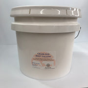Premium grass-fed beef suet tallow fat in bulk 3.5-gallon bucket from The Fat Lady, ideal for cooking and rendering.