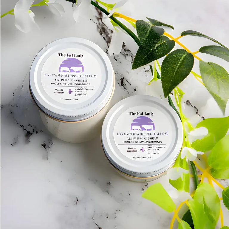 Lavender whipped tallow cream by The Fat Lady, natural moisturizer for face and body, free of seed oils, with a smooth, creamy texture.