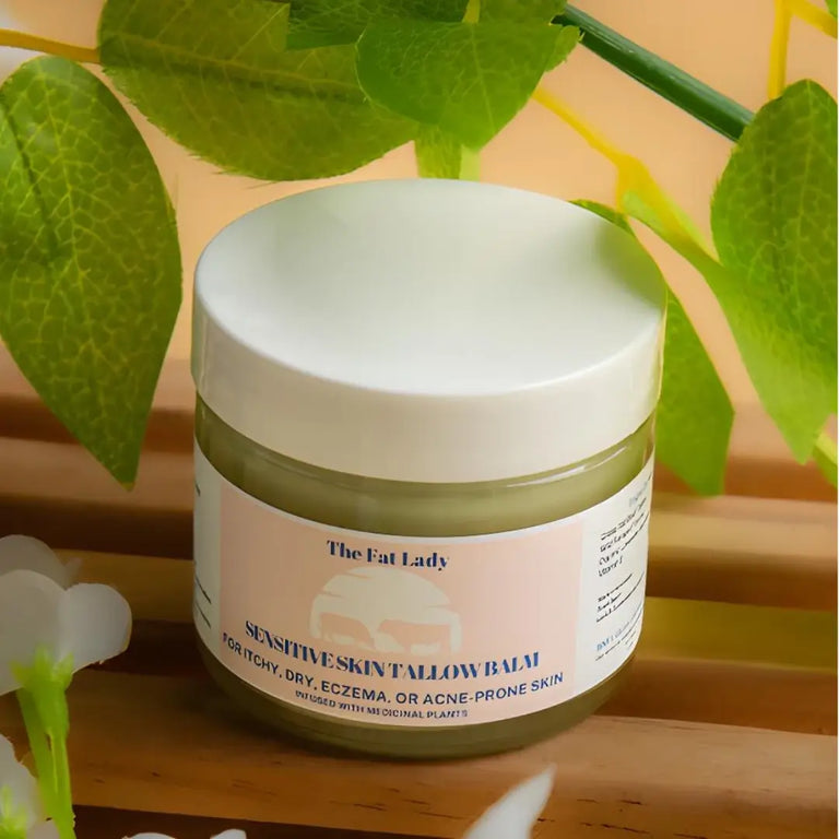 Unscented organic beef tallow balm with wildcrafted herbs from The Fat Lady, natural skincare for gentle moisture, 2 oz.
