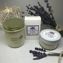 Photo with 3 products - Pamper Tallow Gift Box| Candle, Whipped Cream and Soap with Natural Scents