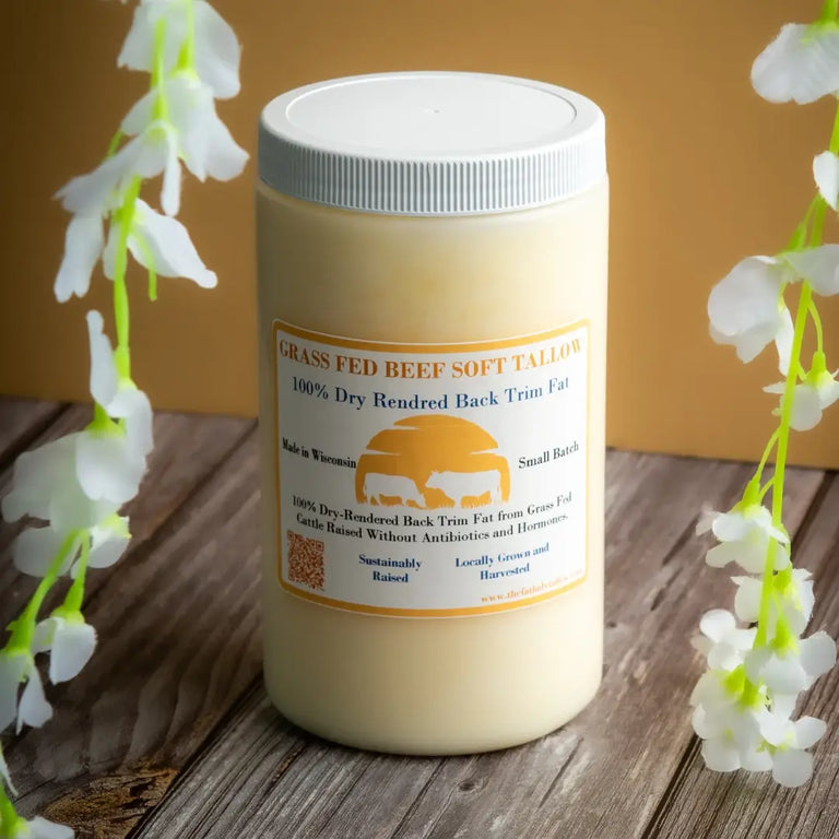 Premium grass-fed beef tallow fat in bulk buckets from The Fat Lady, showcasing soft, creamy beef tallow for cooking and baking.
