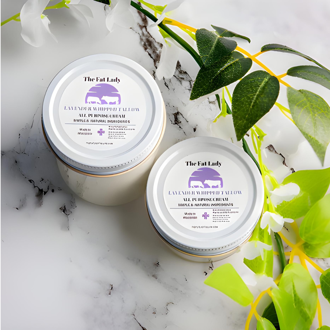 Lavender Whipped Tallow Cream for Face & Body. Only 2 Natural Ingredients: Grass-fed Beef Tallow and Organic Lavender Essential Oil -4 and 8 Oz