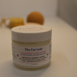 The Fat Lady magnesium tallow cream for foot care, featuring a relaxing natural scent in a creamy skincare product.