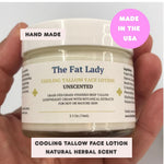 Cooling tallow face lotion for mature skin by The Fat Lady, featuring botanical extracts and collagen-boosting ingredients.