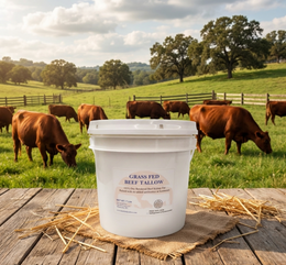 Bulk buckets of The Fat Lady premium grass-fed beef suet tallow fat, showcasing smooth, white beef tallow in large containers.