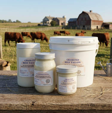 Four white plastic and glass containers of The Fat Lady Grass-Fed Beef Tallow arranged on a rustic wooden table with a blurred farm background showing cows, barns, and a field.