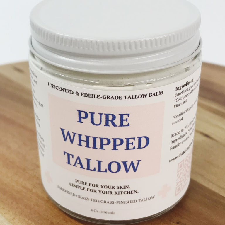 Unscented pure whipped beef tallow jar by The Fat Lady, suitable for ultra-sensitive skin, 4 oz edible grade skincare product