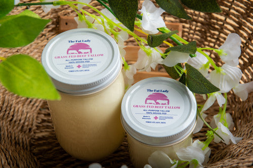 Premium Grass-fed Beef Tallow Fat. Multiple sizes in reusable glass jars.
