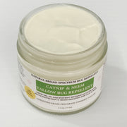 A jar of Catnip & Neem Tallow Bug Repellent with a white cream product visible inside a clear glass jar, set against a plain white background.